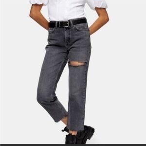 TOPSHOP Grey Thigh Rip Raw Hem Straight